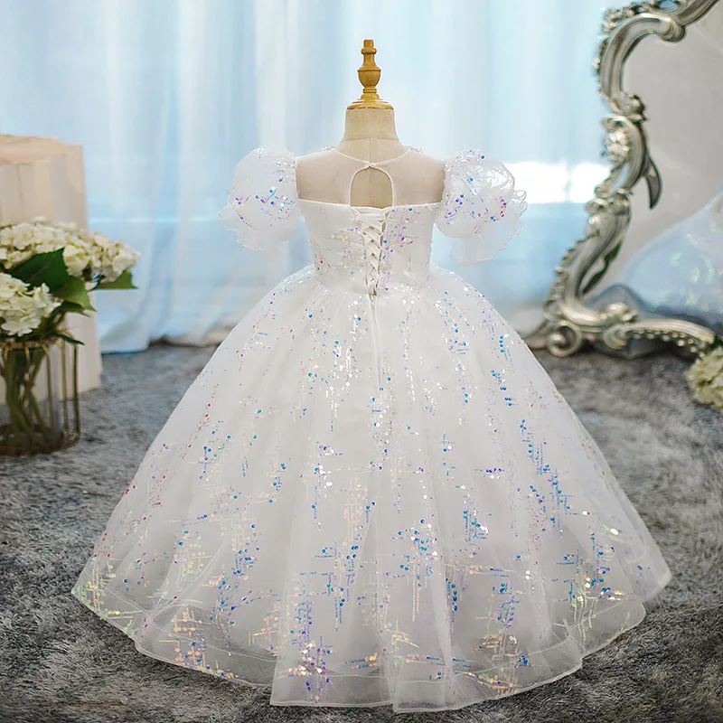 Vestido de baile personalizado para bebês, vestidos de flores para meninas, apliques, mangas bufantes, princesa, baile, festa de aniversário