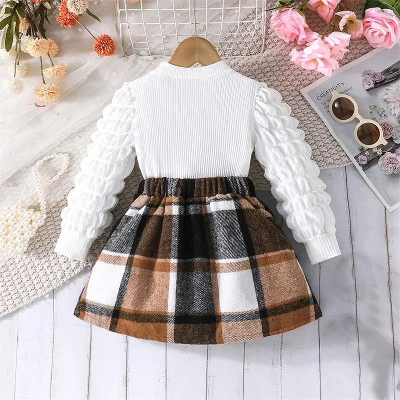 2-8Y Kids Girls Autumn 2PCS Skirt Outfits Long Puff Sleeve Round Neck Tops A-line Plaid Skirt Set Children Fashion Clothing