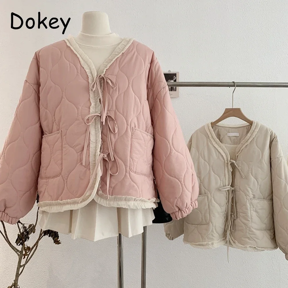 Japanese Lace-up Kawaii Cotton Jacket Women Sweet Vintage Ruffled Pink Y2k Trendy Lolita Parkas Winter Plush Warm Casual Outwear