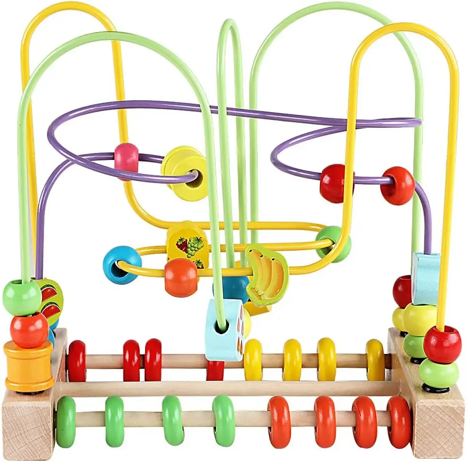 

Wooden Toys for Toddlers Bead Maze Toy for Kids with Colorful Animals Fruits Shapes Educational Counting Learning Circle Toys