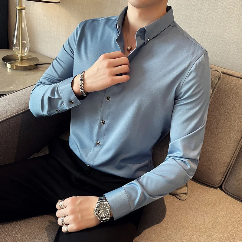 

New Men's Shirt Diamond Button Solid Color Slightly Stretchy Business Casual Long Sleeve Shirt For Men Above 18