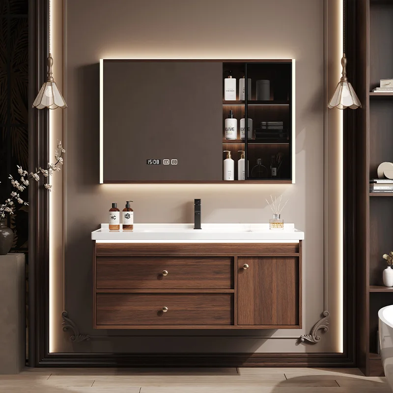 New Bathroom Cabinet Walnut 48 Inch Bathroom Vanity Wall Mounted Bath Cabinet  With Demister Mirrorpromote sales