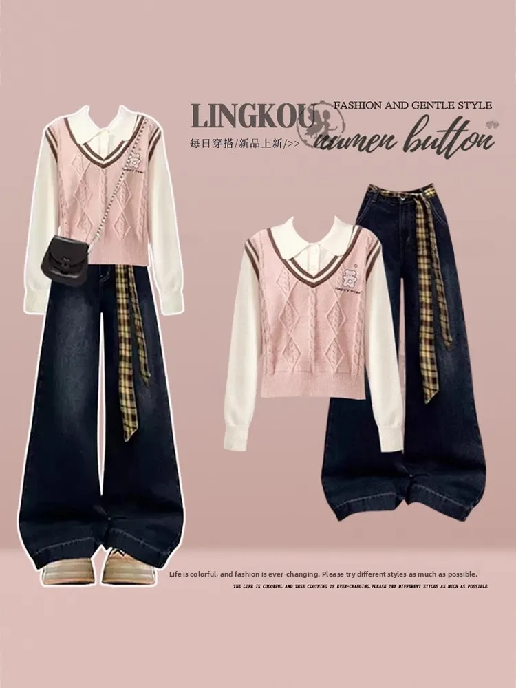 

Модный вязаный свитер и джинсы с широкими штанинами: женский осенне-зимний комплект с омолаживающим дизайном, повседневный наряд с высокой талией, две части