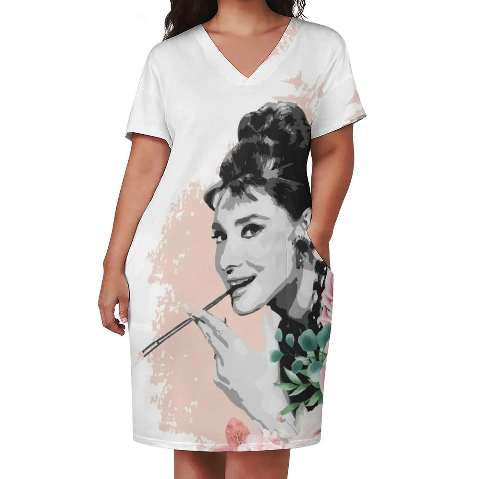 Audrey Hepburn Camiseta Adesivo Flores Ilustração Moletom Com Capuz Notebook Flores Floral Aquarela Vestido de Bolso Solto