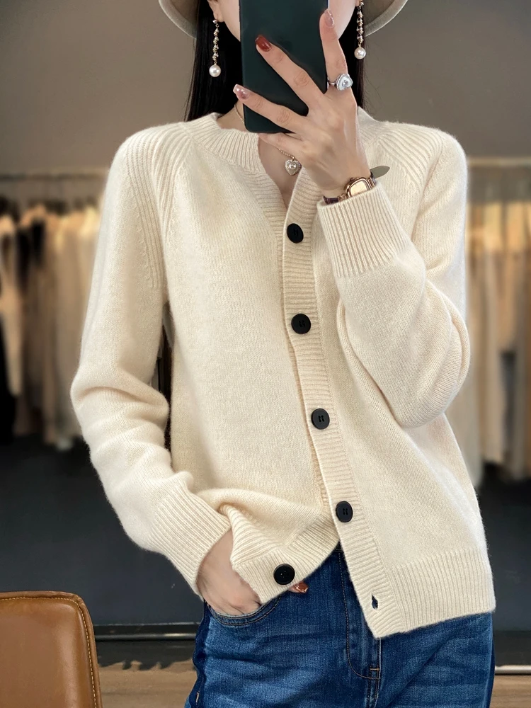 New Women V-Neck 100% Merino Wool Cardigan Preppy Style Cashmere Sweater Spring Autumn Buttoned Knitwear Long Sleeve Korean Tops