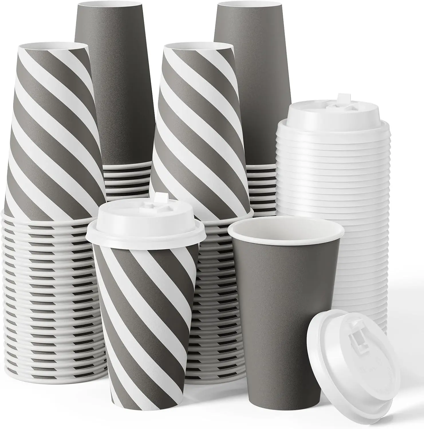 

100 Pack 16 oz Paper Coffee Cups, Disposable Printed Hot Cups with Lids for Home, Business, Restaurant and Cafe (Stripes