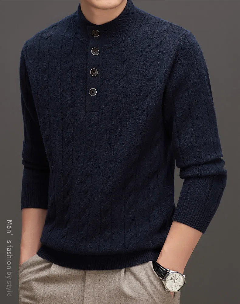 Autumn and winter new middle-aged men's cashmere sweater button stand collar leisure sweater dad classic fashion sweater.