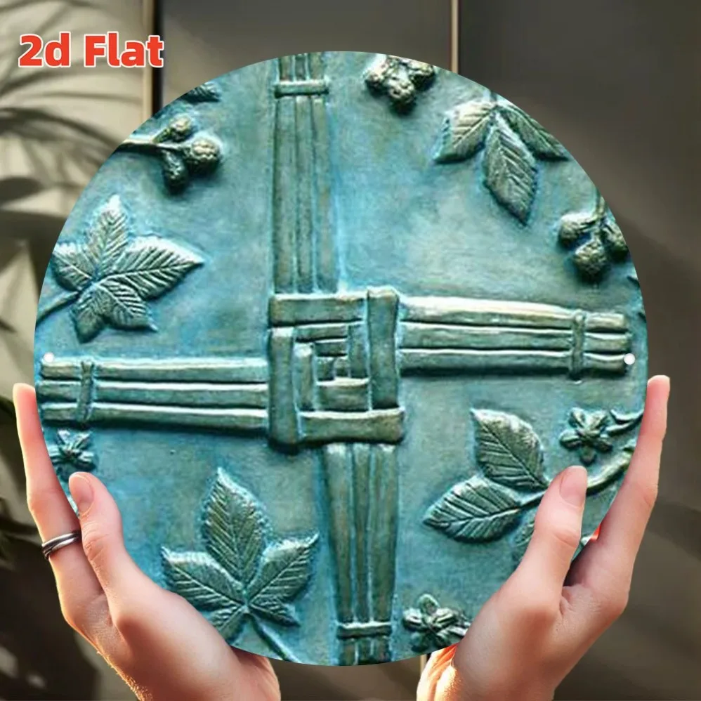 

2D Flat Vintage Celtic Religious Metal Plaque: Intricate Leaf & Cross Design with Medieval Charm–Embossed Metalwork