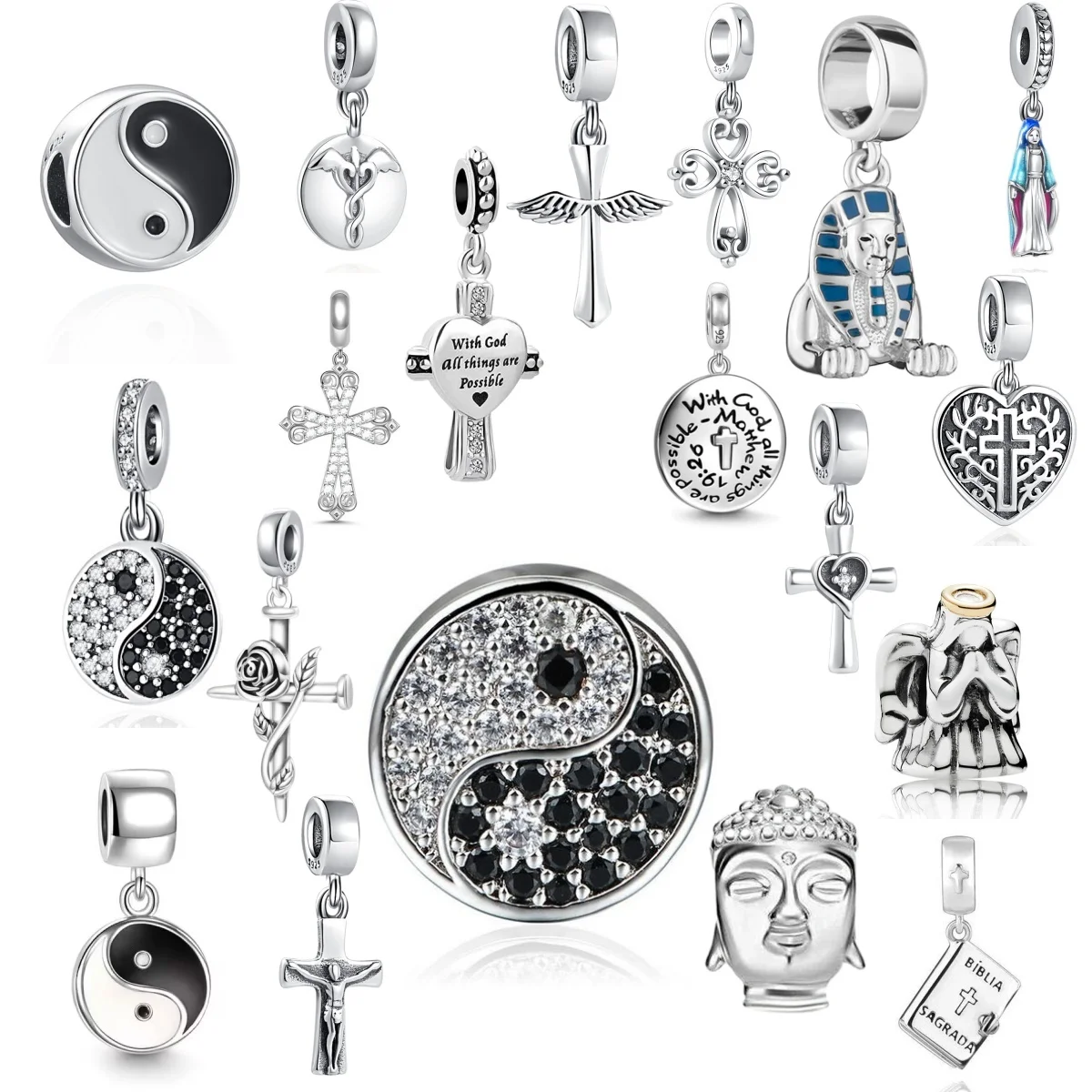 

European 925 Silver Tai Chi Pearl Buddha Pendant Cross Saint Pendant DIY Men's and Women's Jewelry Fit Original Bracelet Jewelry