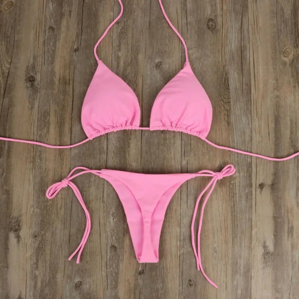 Maillot de bain deux pièces pour femmes, ensemble bikini, solide, dos nu, bretelles, culotte tanga, vêtements de plage, sexy