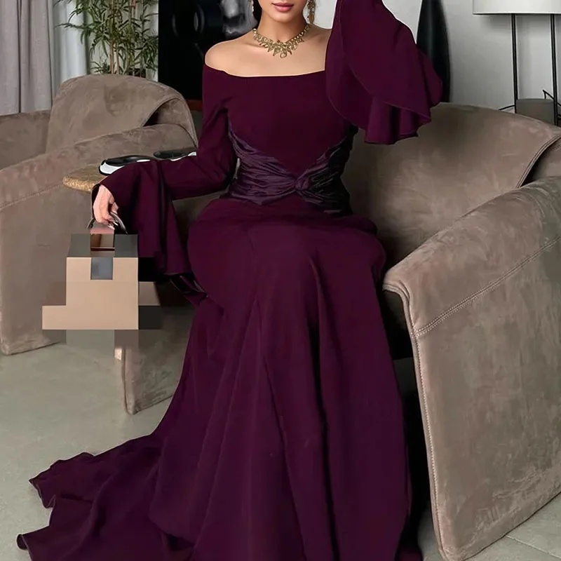 عارضة المرقعة سليم الصلبة مساء اللباس سيدة أنيقة قبالة الكتف عالية الخصر اللباس الخريف متوهج كم مزاجه فستان طويل