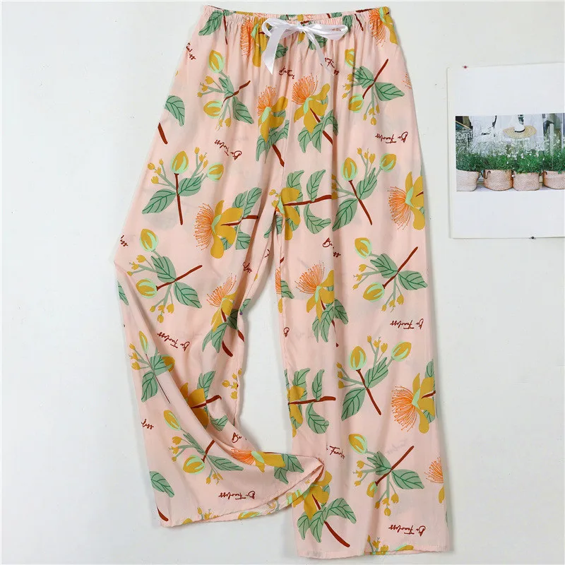 Casual Printed Cotton Rayon Sleepwear Pajama Pants For Women Spring Summer Home Wear Sleeping Pant Night Nine Point Trousers