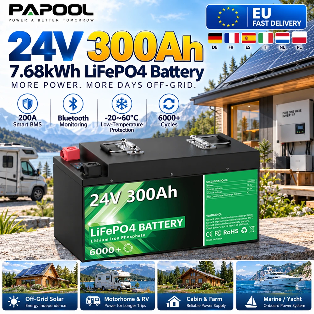 LiFePO4 24V 300Ah 340Ah Batteriepack Bluetooth 200A BMS 6000 Zyklen 12V 200Ah 100Ah 140Ah Lithiumbatterie für Heim-Solaranlagen, Wohnmobile, Golfwagen, Fischerboote EU-LAGER KEINE STEUERN