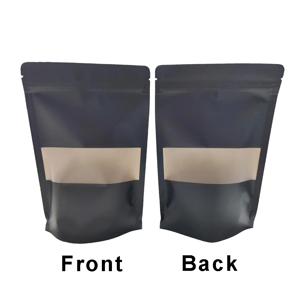 100pcs Kraft Paper Zip Lock Pouches Resealable Smell Proof Matte Black Package Bags With Clear Window Coffee Beat Snack Storage