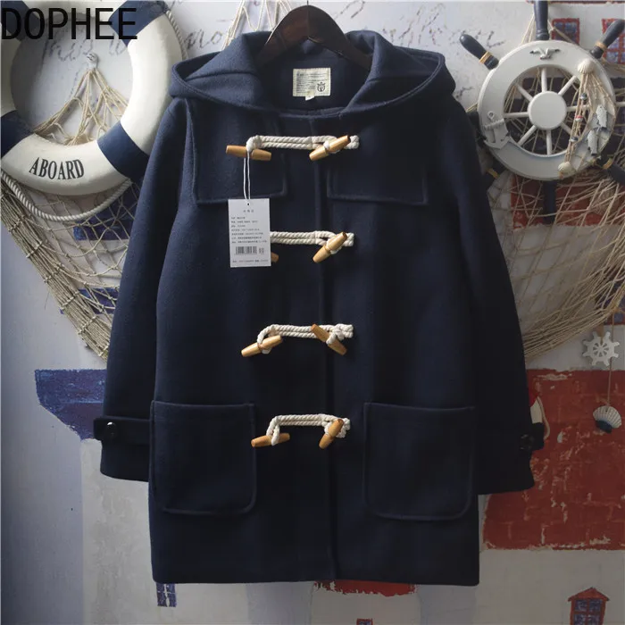 

Японское осенне-зимнее винтажное шерстяное пальто в стиле Харадзюку, двубортная куртка с капюшоном и пуговицами, шерстяное пальто средней длины в консервативном стиле