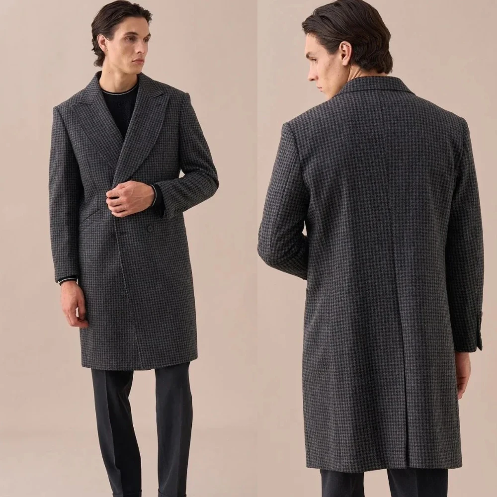 Classic Grey Houndstooth Tweed Double-Breasted Overcoat with Notch Lapel Men Autumn Business Long Coat Customized E26118