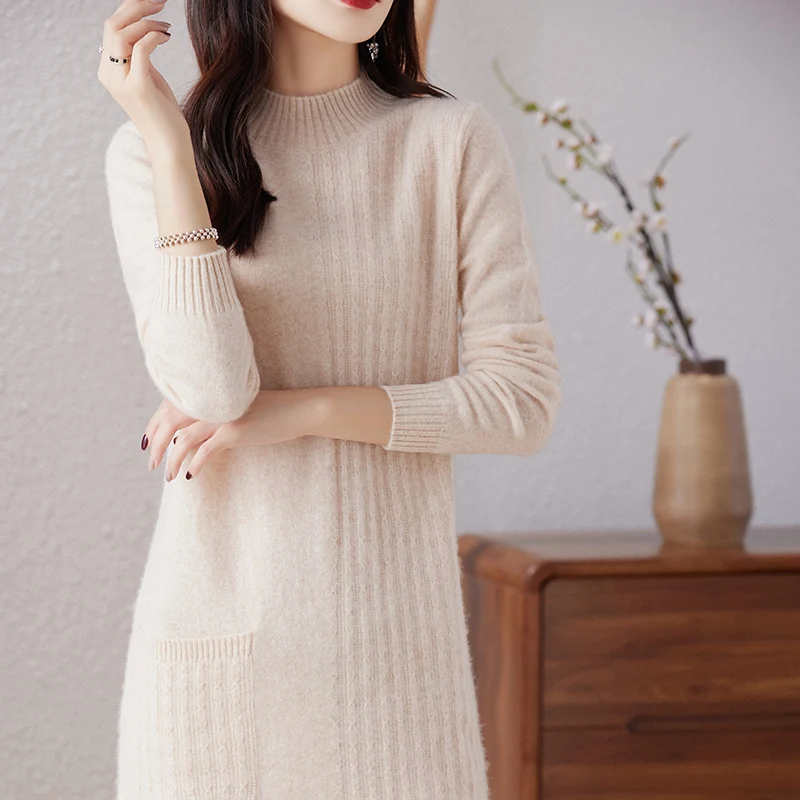 New Semi-High Collar 100% Wool Dress Women\'s Long Fashion Temperament Sweater Skirt Joker Design Sense Skirt