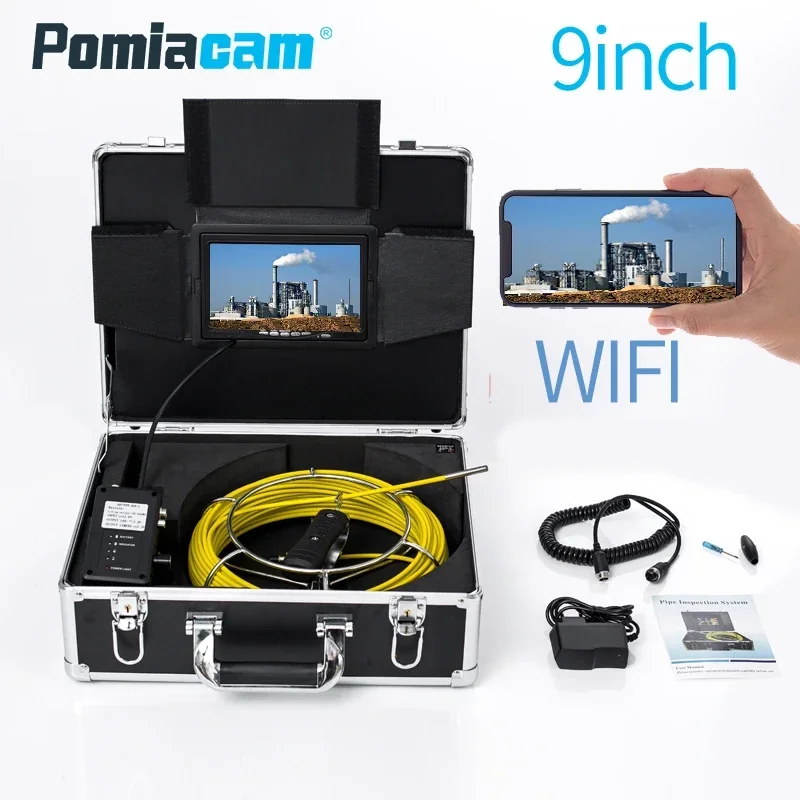 9inch WIFI Pipe Pipeline Inspection Drain Sewer Industrial Endoscope Snake Video System 9inch with yellow 20M Fiberglass cable