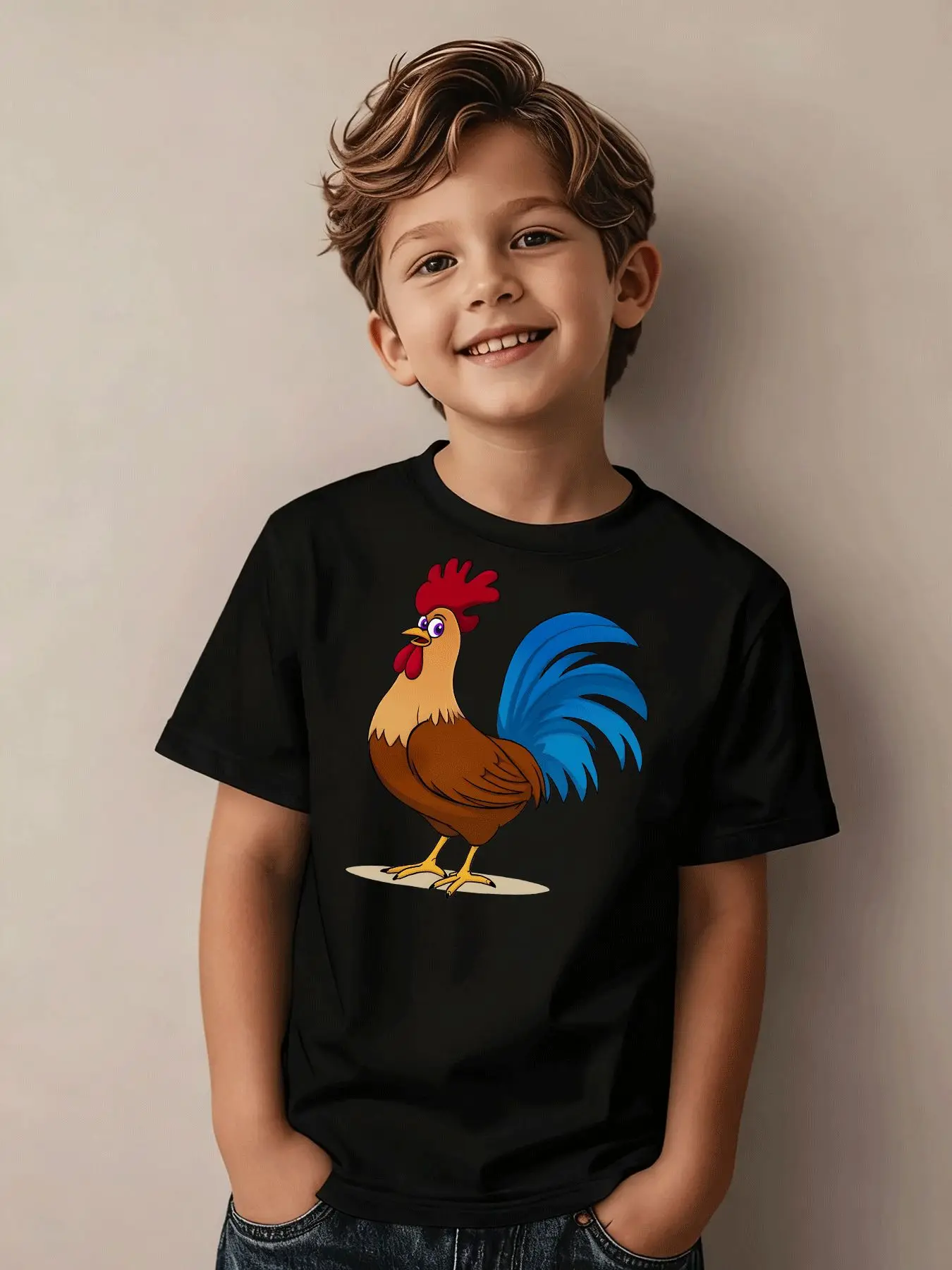 Rooster Pattern, Summer Candy Color, Children's Printed T-shirt, Fashionable Parent-child Outfit, Girls' Short Sleeved Shirt