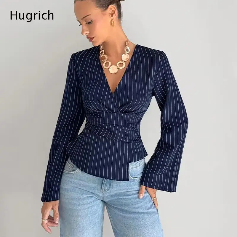 

Navy Pinstripe Deep V Neck Blouse Ruched Waist Flared Long Sleeve Asymmetric Peplum Slim Fit Top