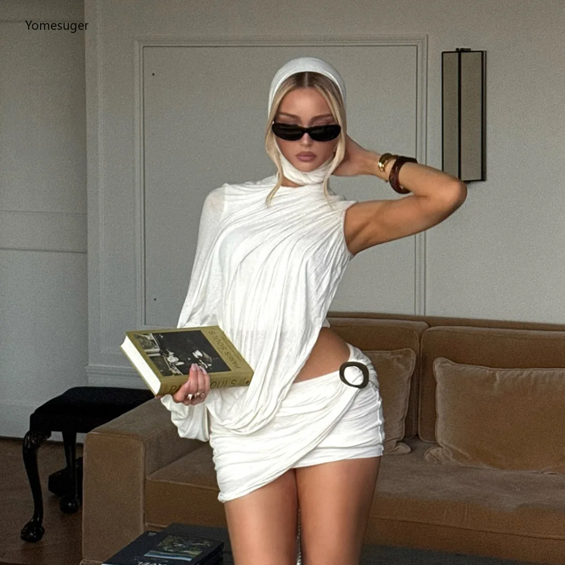 

Yomesugar Sexy White 3 Piece Set Women Autumn Trend Scarf+One Shoulder Irregular Tops+Ruched Mini Skirt Matching Party Clubwear