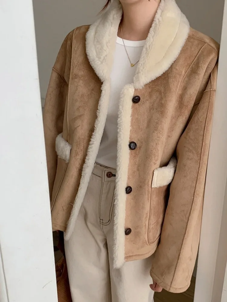 Koreanische Sle Winter Vintage Weiche Doppelseitige Tragen Wildleder Lamm Pelz Integrierte Kragen ort Jaet frauen Faion Oberbekleidung