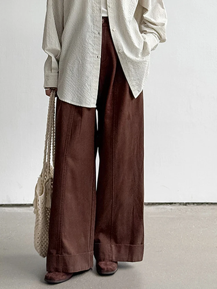 YERMORA, pantalones de pierna ancha informales con hebilla plisada de color café de cintura alta para mujer, pantalones nuevos sueltos, moda de tendencia, otoño 2025
