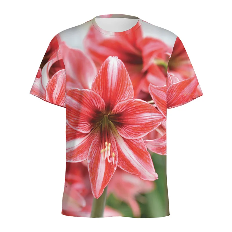 Colorful Amaryllis Flower 3D Printed T Shirt For Men Fashion Floral Pattern T-Shirt Loose Short Sleeves Round Neck Tee Shirts