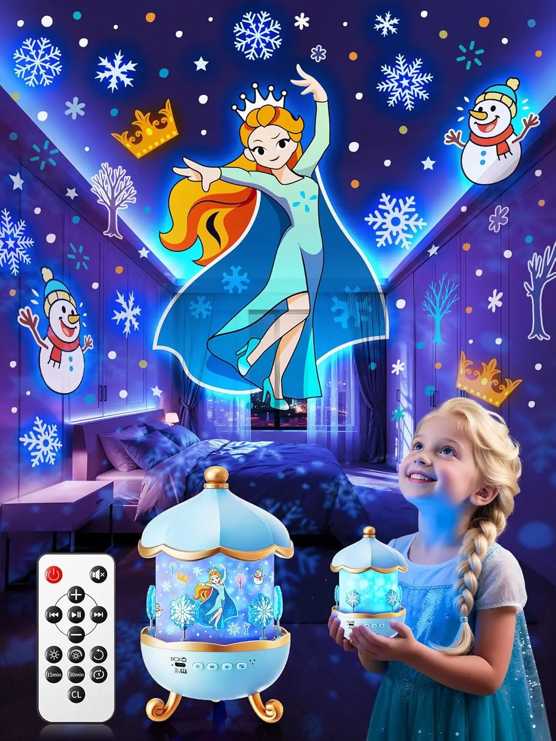 

Kids Night Light Projector with White Noise, Films, Colors - Remote Control Cordless Star Projector for Girls Room Decor