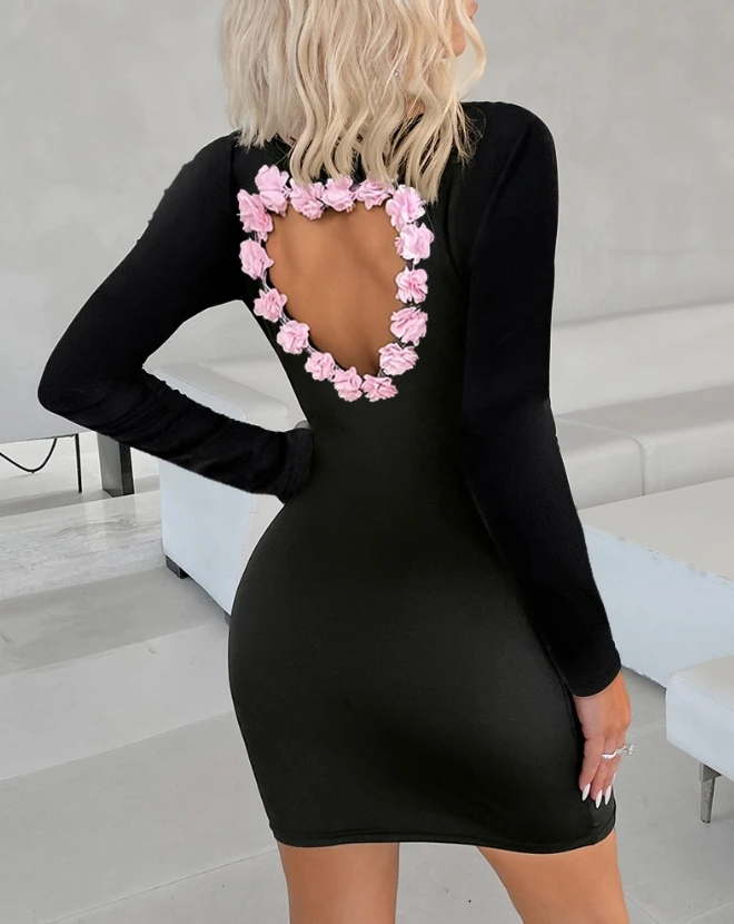 

Sexy Spicy Girl Floral Pattern Hollow Heart Bodycon Dress Temperament Commuting Female Casual Backless Skinny Fashion Dresses