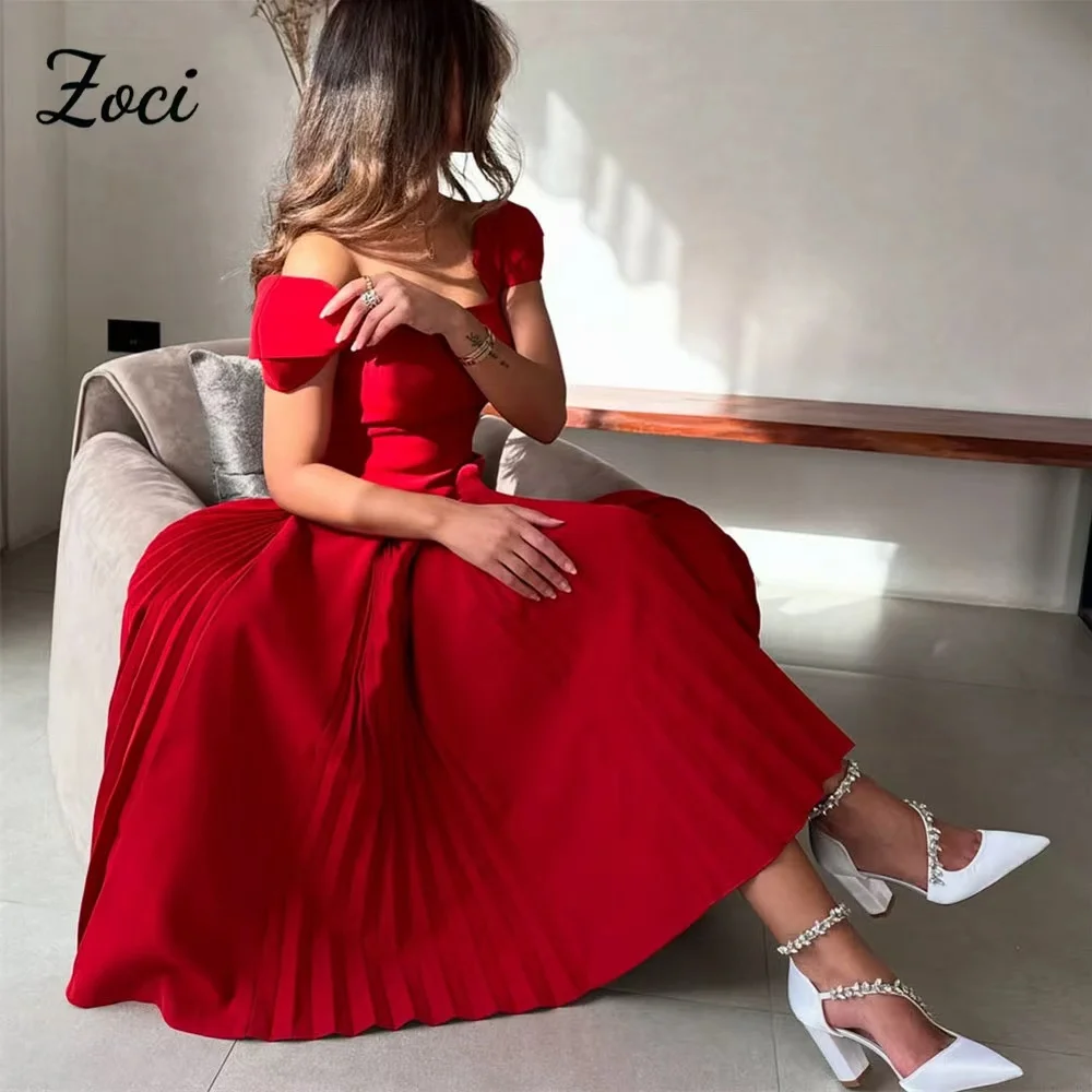 

Zoci Customized Short Sleeve Prom Dresses Sweetheart Elastic Satin Formal Party Dress Red Women Formal Wedding Engagement Gowns