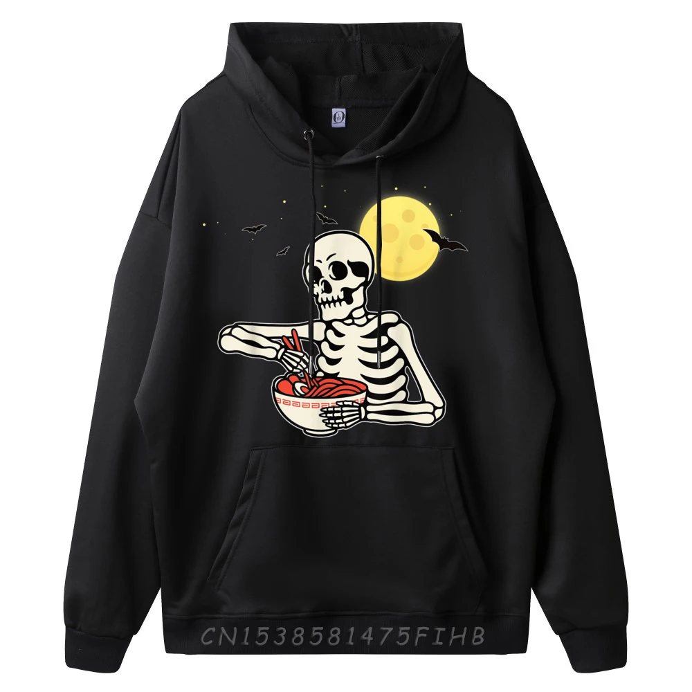 Funny Halloween Kawaii Skeleton Japanese Ramen Noodles Brand Clothing Long Sleeve Hoodie Men Oversized