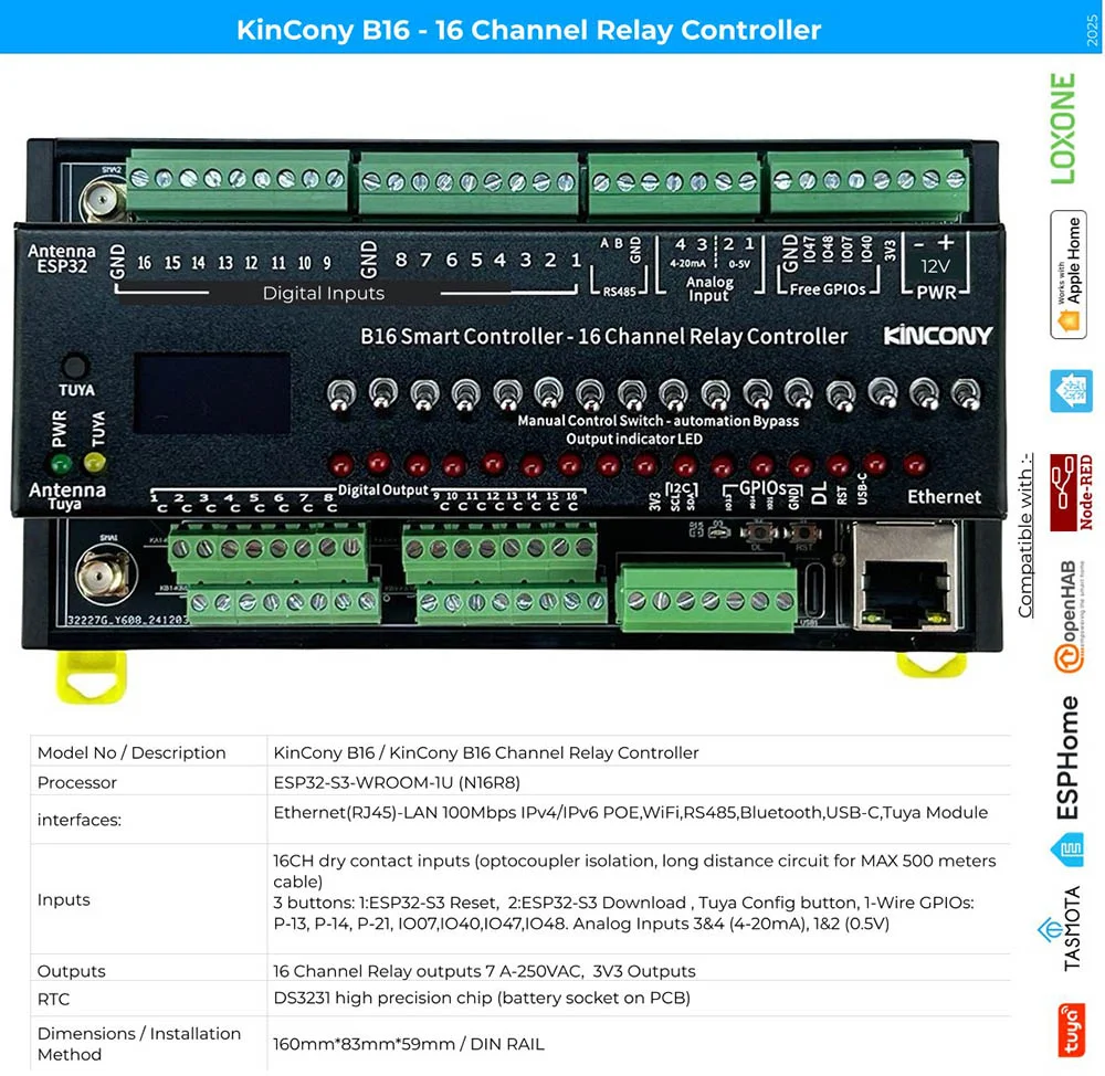 KinCony B16 Ethernet Wifi Smart Relais Controller Für Home Assistant ESPHome Tasmota Tuya HomeKit MQTT RS485 Modbus KCS v3 – Detail 1