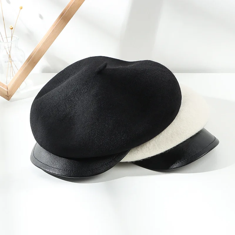 Hat Women Cap Matching Leather Eaves Wool Octagon  Wool Everything Beret Fashion Outdoor