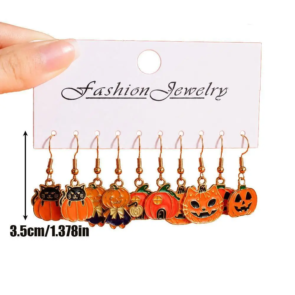 10Pairs Women Halloween Enamel Dangle Earrings Witch Hat Black Cat Broom Ghost Pumpkin Mummy Cosplay Party Jewelry