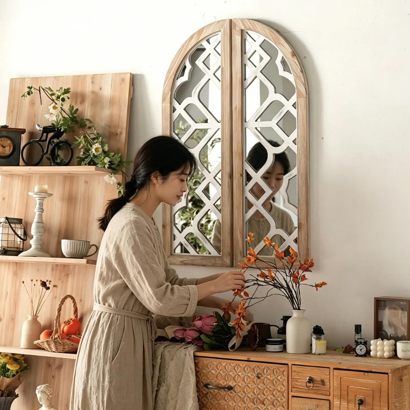 Retro Hollow Decorative Mirror Country Homestay Wall Hanging False Window Mirror Wabi Sanfeng Living Room