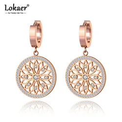 Lokaer Original Design Stainless Steel Flower Rattan Disc Earrings Jewelry Trendy CZ Crystal Hoop Earrings For Women Girl E19269