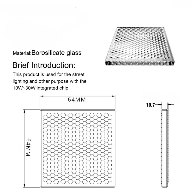 64X64mm Optical Glass Fly Eye Lens Compound Eye Fresnel Lens Professional Accessory for Outdoor Public Street Lighting System