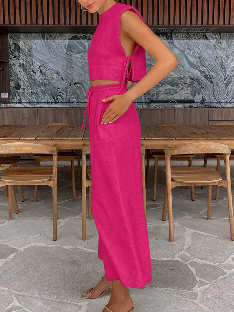 여성 O넥 민소매 레이싱 탑과 포켓 팬츠 슈트 봄 여름 캐주얼 루즈 솔리드 여성 투피스 세트 스트릿웨어