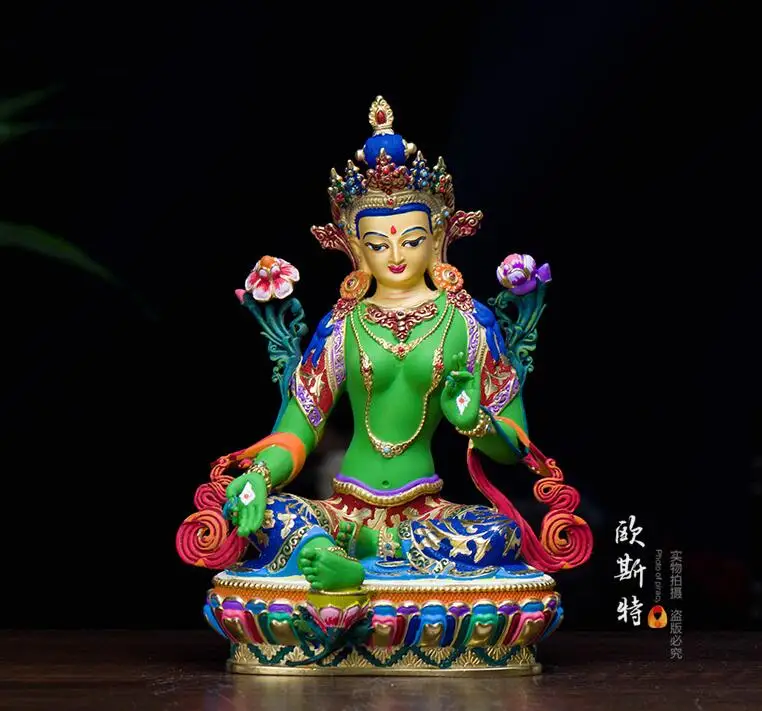 TOP grade GOOD Buddha -bless family home Safety luck efficacious Talisman Green Tara Painted statue