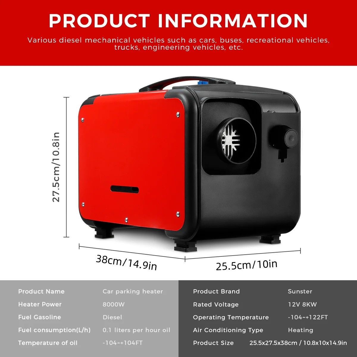 Sunster ALL IN ONE Diesel Air Parking Heater 8KW 12V Diesel Heater with Remote Control for Cars Trucks RVs Boats Buses