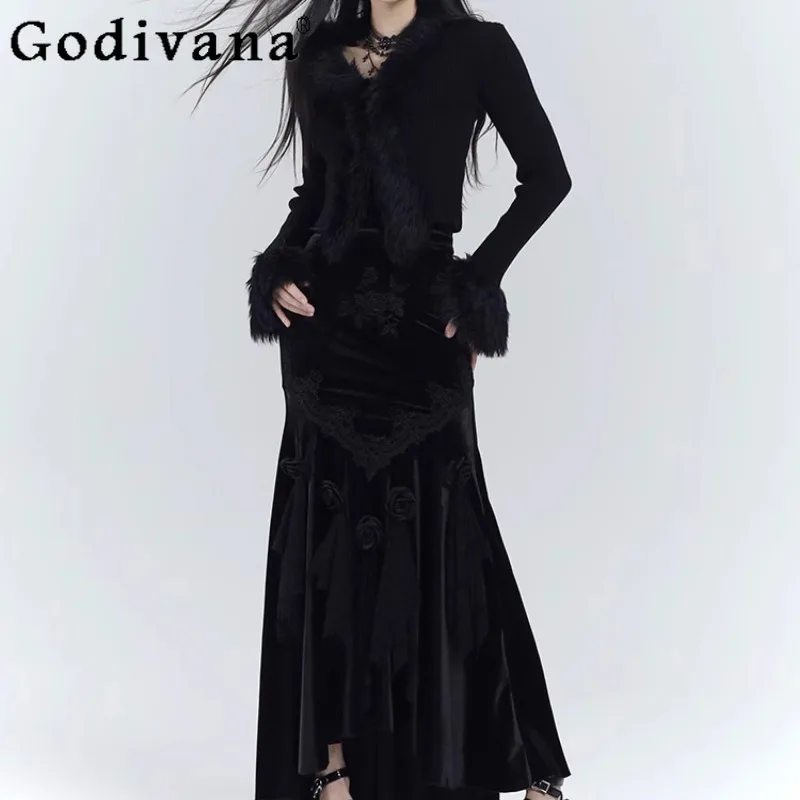 

Women Autumn Winter Black Sweater and Skirt Set Annual Party New Year Outfit Female Goth Style High End Cosplay Suits