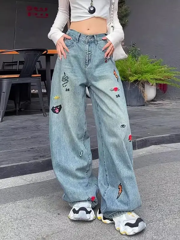 

Embroidered Heavy Work Loose Wide Leg Jeans High Waist Denim Pants for plus Size Women Comfortable Casual High Waist Jeans
