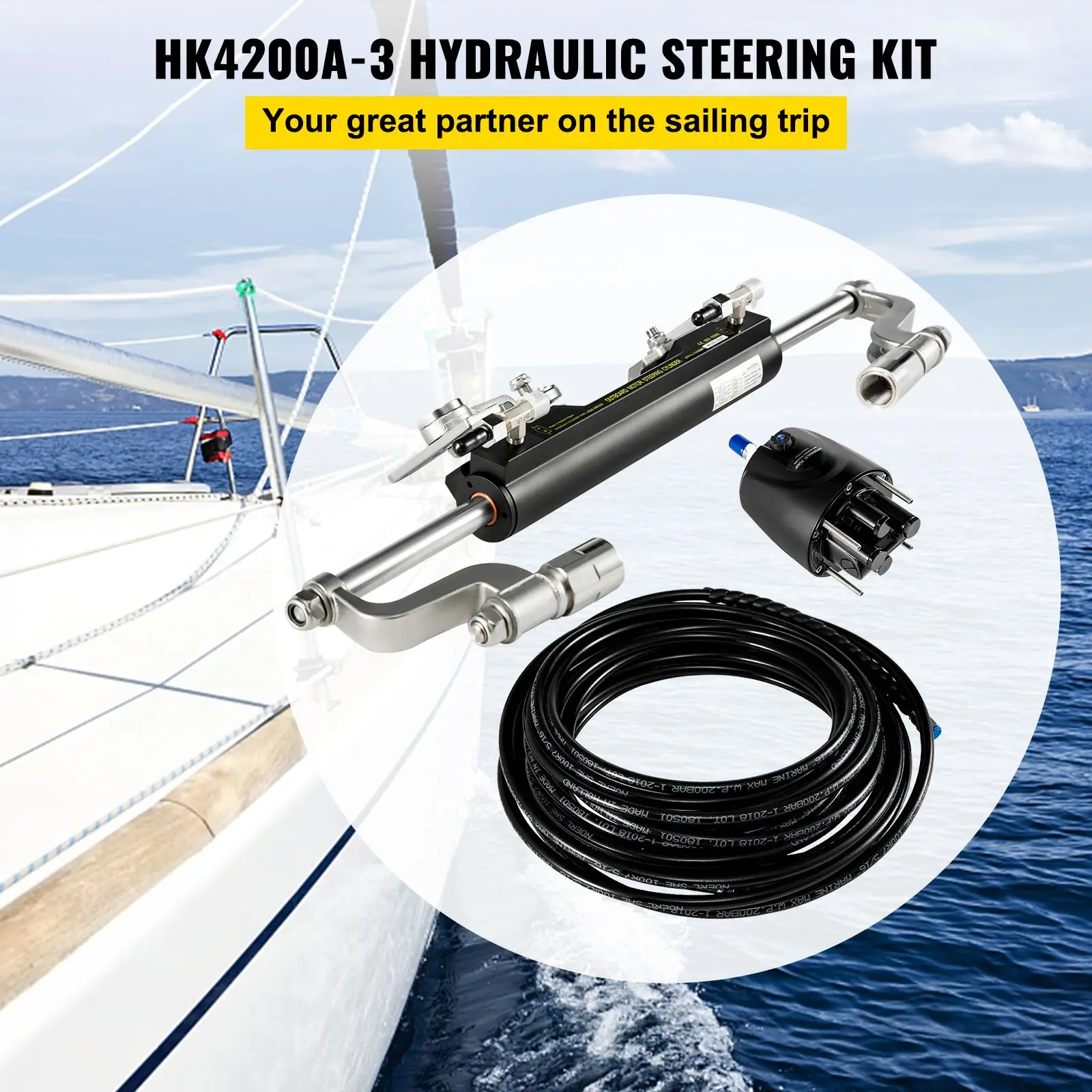 Hydraulic Steering Kit, 300HP Hydraulic Steering Compact Cylinder, Hydraulic Outboard Steering Kit with Helm Pump for Boat