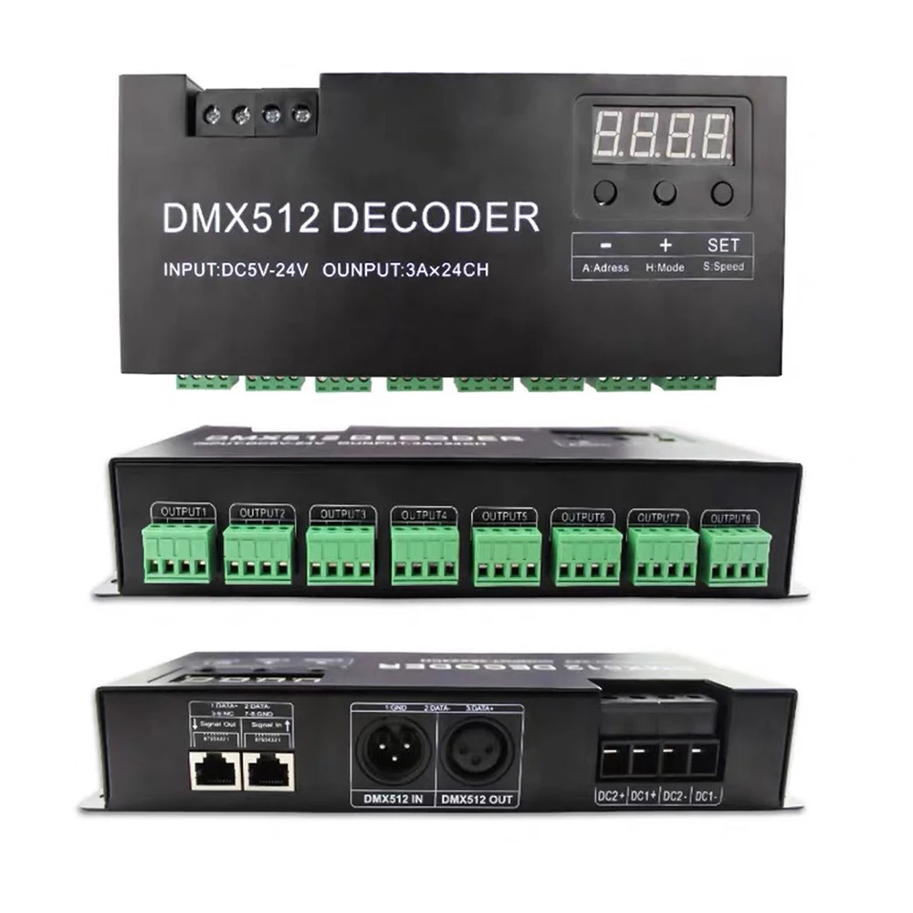 RGB 24 Channel DMX Decoder With RJ45 And XLR Plug DMX 512 Controller For DC5V-24V Strip Decoder 72A Dmx LED Dimmer Driver