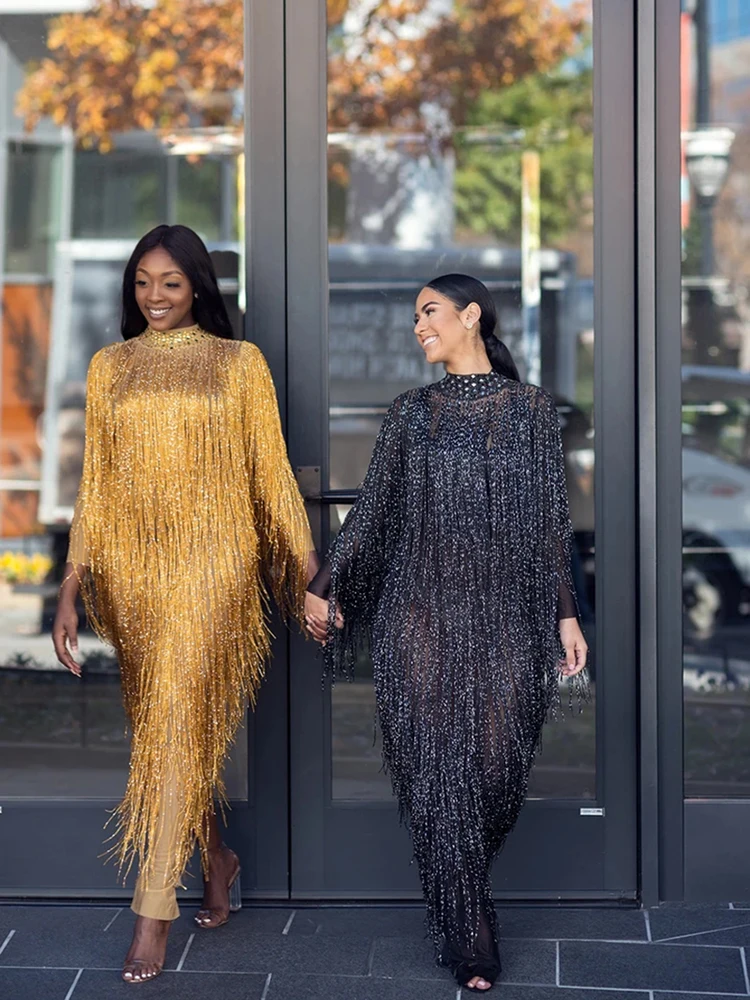 

Костюм для шоу девушки, роскошный наряд для вечеринки, золотое, черное длинное платье с бахромой, женское вечернее платье на день рождения, сценический костюм певицы