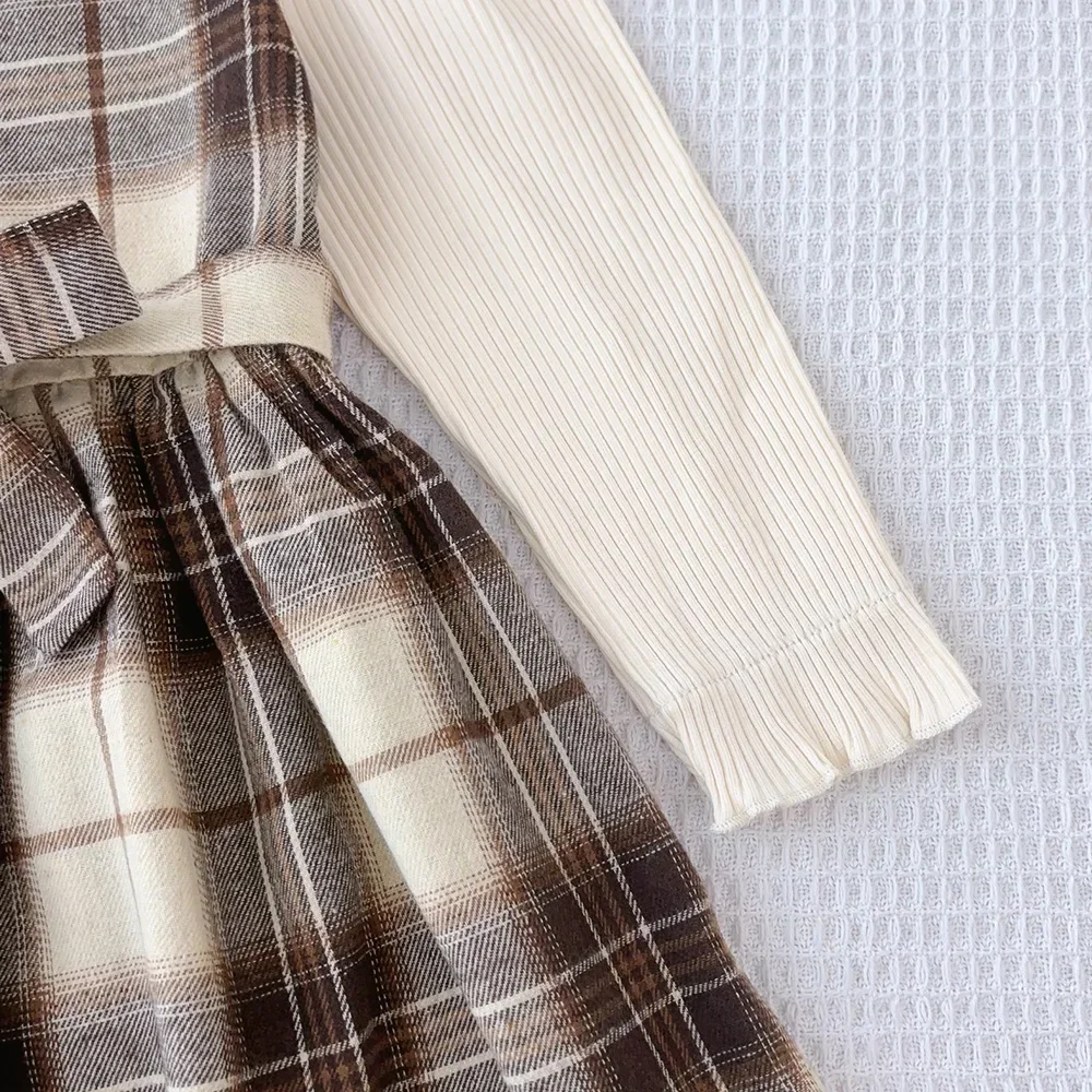 Koreanische Version Langarm-shirt Gefälschte Zwei-stück mit Gürtel + Print Hut Outfits 3-7 Jahre Alt Herbst neue Plaid Mädchen Casual Kleider – Detail 6