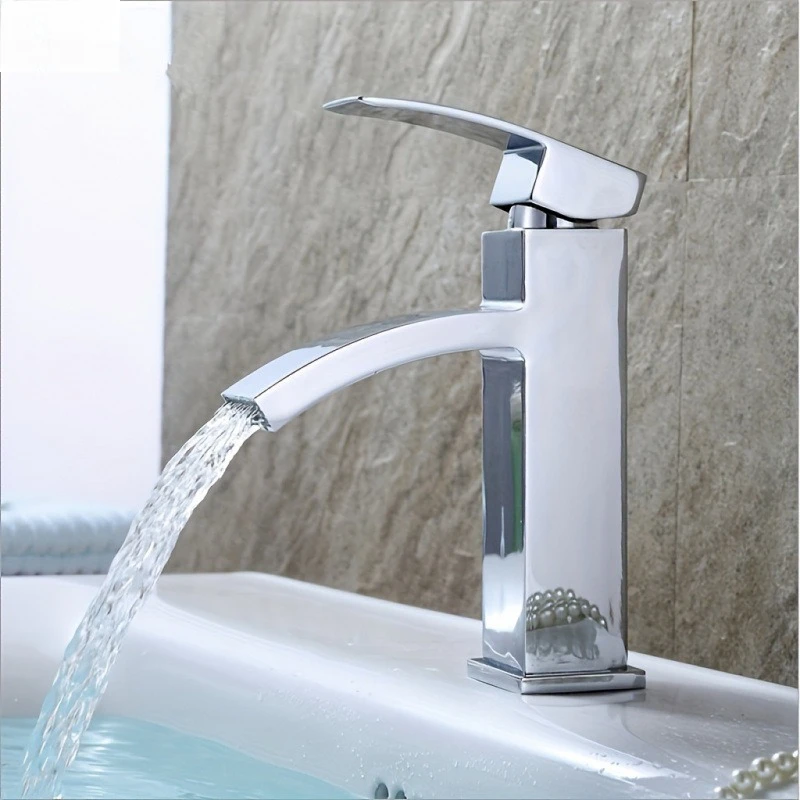 Square Curved Mouth Mixed Water Basin Faucet Zinc Alloy Waterfall Hot and Cold Bathroom Washbasin Faucet