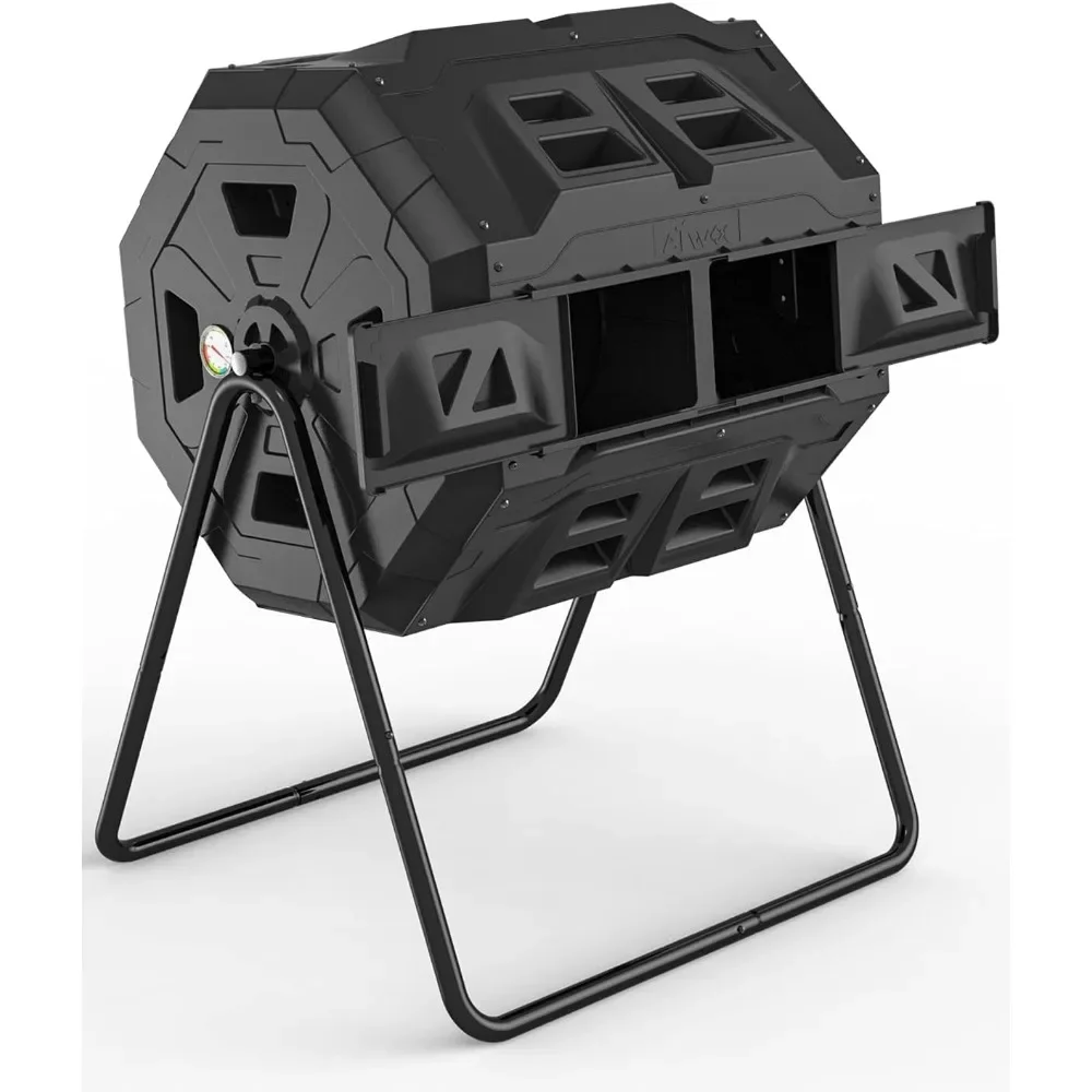 

43 Gal Black Garden Tumbler, Upgraded Dual Chamber Compost Bin With Thermometer