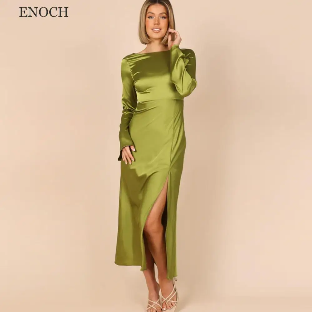 

ENOCH Simple O-Neck Side Slit Bridesmaid Dresses Long Sleeves Backless Tea-Length Party Dresses Custom Made Vestidos De Fiesta